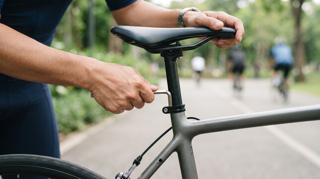 A close-up shot of a person adjusting their bicycle seat with an Allen key. The background shows a blurred path with other cyclists in motion, suggesting an outdoor activity or race