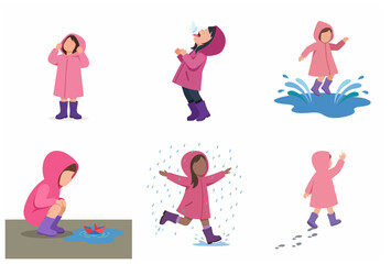 Fototapeta premium Set of Cute Little Girl Characters in Pink Raincoat Playing Outdoors in the Rain