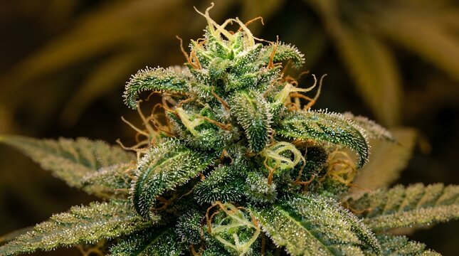 Close-up of a blooming cannabis plant with trichomes visible.