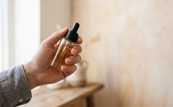 Male hand holding a small glass bottle with dropper filled with amber cosmetic oil for skincare