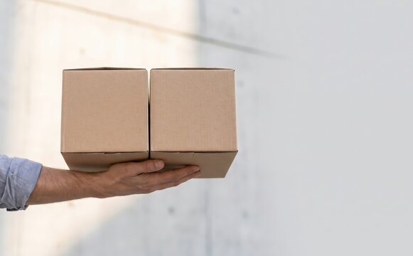 Delivery man holding two cardboard boxes for shipping concept and logistic service industry