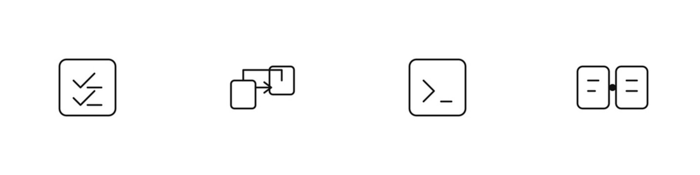Config Provisioning Automation Line Icon Set - Playbook Checklist, Fleet Config Push, Bootstrap Script, Baseline Comparison