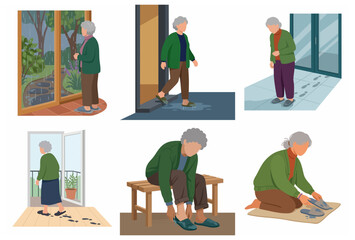 Fototapeta premium Elderly woman facing slip hazards on wet floors and rainy weather at home, set of flat vector illustrations for senior safety and fall prevention.