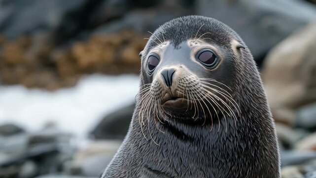 A cute sealion pup looking directly at the camera.