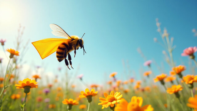 Heroic Bumblebee Flying Over Wildflowers