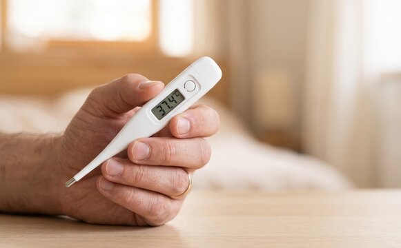 Adult caucasian man holding digital clinical thermometer showing elevated body temperature 37.4 degrees Celsius for measuring fever sickness illness healthcare concept