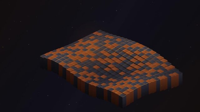Isometric Grid Wave Animation with Orange and Dark Cubes Moving
