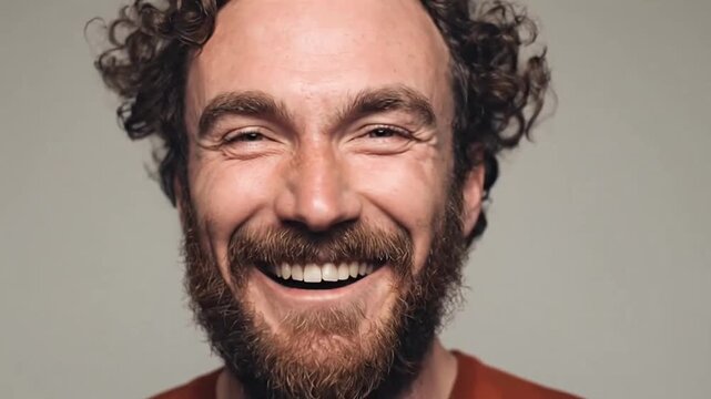 Bearded man laughing heartily with eyes closed.
