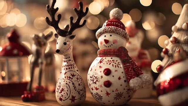 Reindeer and snowman figurines in festive warm lighting.