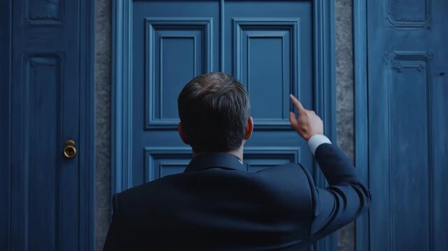 Man in suit stands before blue double doors. He faces the entrance, back to camera. Doorway suggests formal or institutional setting. Color palette is cool and composed. Frame focuses on posture