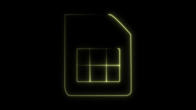 Glowing Yellow Neon SIM Card Icon Animation Loop - Mobile Network Chip and Cellular Connectivity Symbol for Telecommunication Motion Graphics Video on Black Background