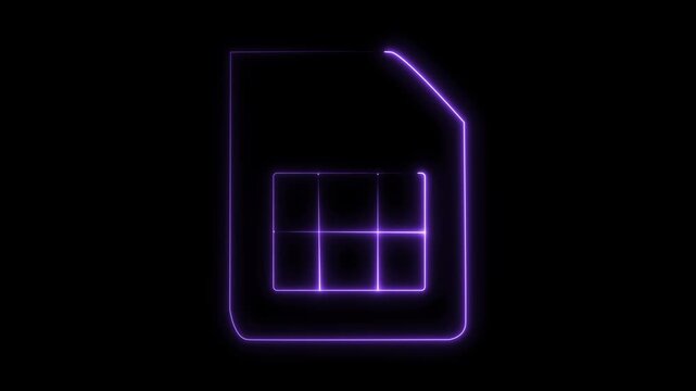 Glowing Purple Neon SIM Card Icon Animation Loop - Mobile Network Chip and Cellular Connectivity Symbol for Telecommunication Motion Graphics Video on Black Background