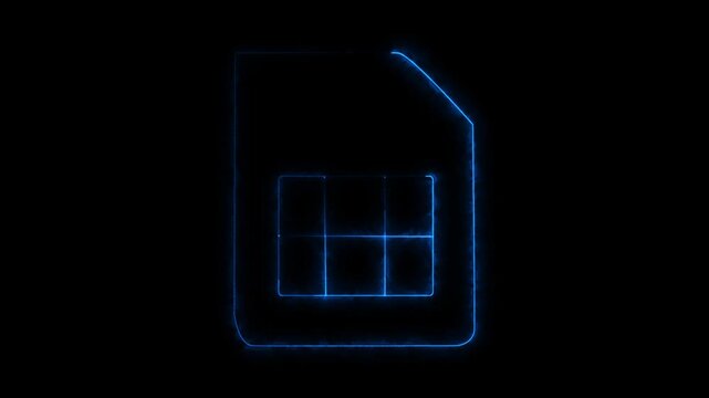 Glowing Blue Neon SIM Card Icon Animation Loop - Mobile Network Chip and Cellular Connectivity Symbol for Telecommunication Motion Graphics Video on Black Background