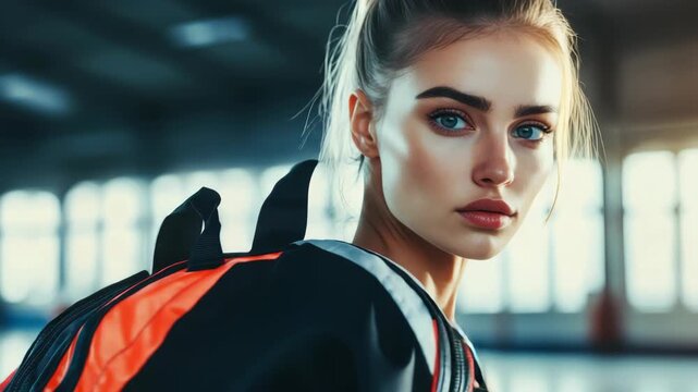 A young woman wearing a sports outfit with an orange and black backpack looking towards her right side.