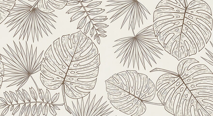 Fototapeta premium Vintage monstera and tropical leaf line art sketched botanical illustration for minimalist background design and interior decor