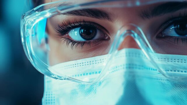 Woman wearing protective eyewear and face mask.