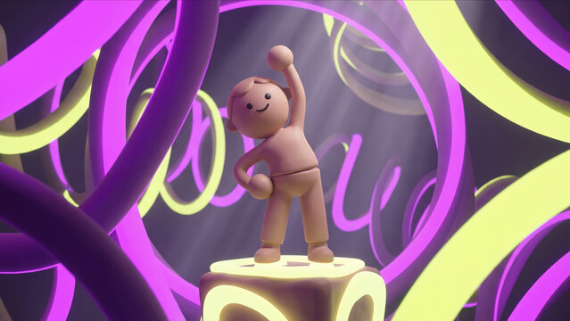 紫と黄色の光るリボンが交差するXR空間で、片手を高く挙げて達成感を表現するクレイ調キャラクターの3D画像