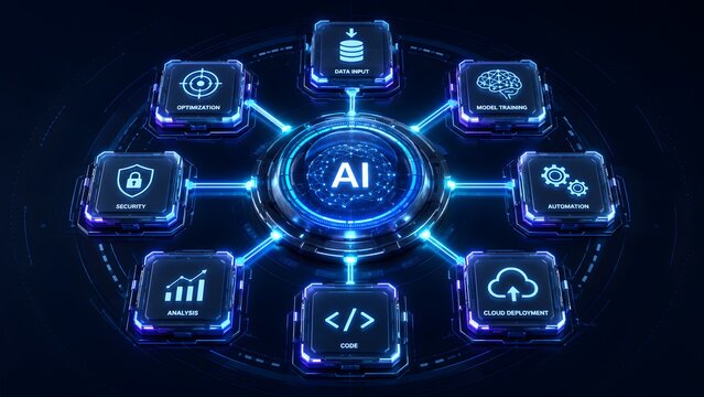 Artificial Intelligence (AI) Development Process Flowchart with Key Stages, from Data Input to Optimization and Cloud Deployment, Showcasing Modern Technology