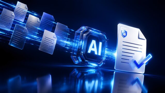 Artificial intelligence processing digital documents, securing sensitive information, and validating data with advanced technology for modern business solutions.