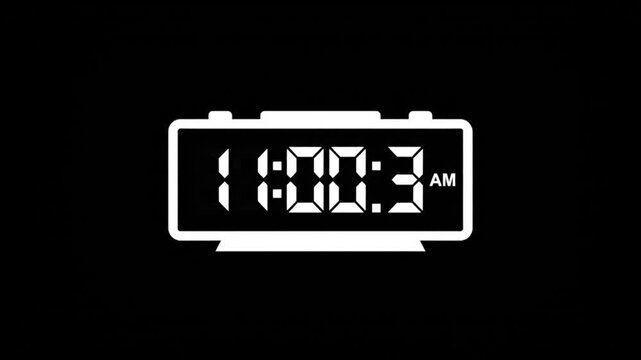 Digital alarm clock icon with glowing numbers animation 4K video, minimalist white electronic timer on black background animated, 11:00 AM time display motion