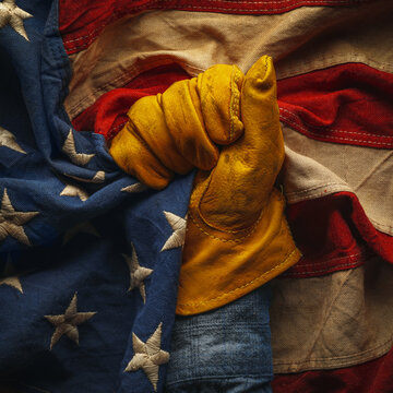 Hand in worn work glove holding the American flag. Symbolic of hardworking blue collar workers, USA manufacturing, pride in products Made in United States of America, or to celebrate US Labor Day.
