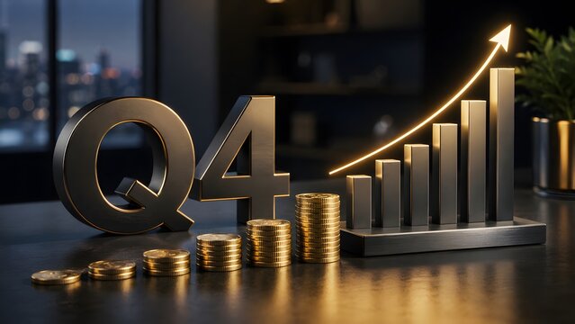 Dramatic financial growth in Q4 shown with rising bar graphs and increasing gold coin stacks on a modern office desk.
