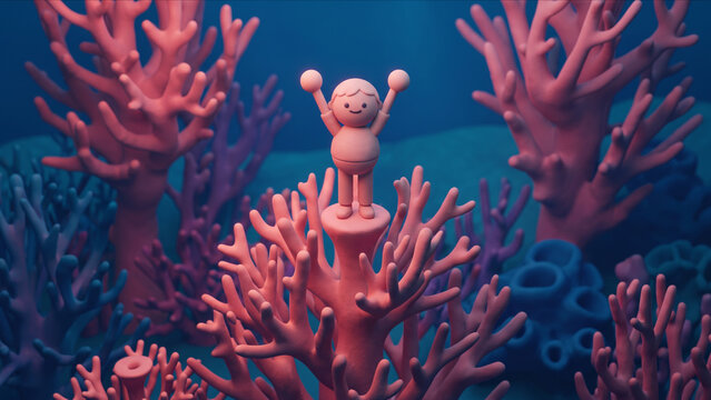 海洋ブルーとピンクの光が照らすフラクタルサンゴの頂上で、両腕を高く挙げて達成感を示すクレイ調キャラクターの3D画像