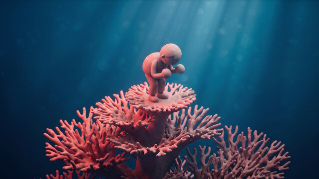 海洋ブルーとピンクの光が照らすフラクタルサンゴの頂上で、重圧に耐え丸まるクレイ調キャラクターの3D画像