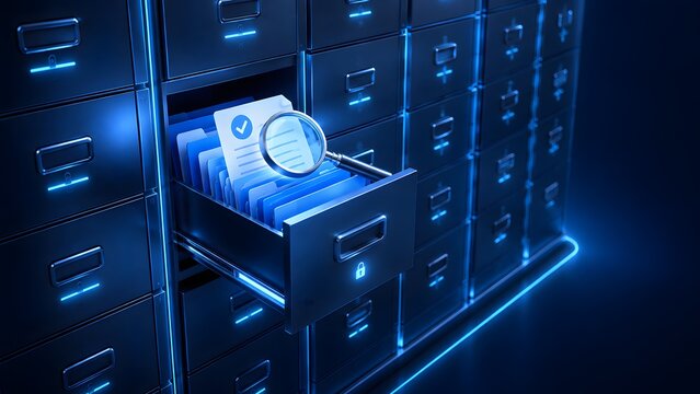 Futuristic filing cabinet with glowing details, an open drawer revealing digital documents and a magnifying glass, symbolizing data search and secure information management.