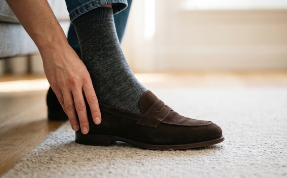 Man putting on brown suede penny loafers with gray socks sitting on a carpet indoor
