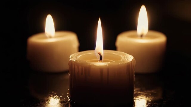 Close-up of three glowing taper candles arranged in a line against black background