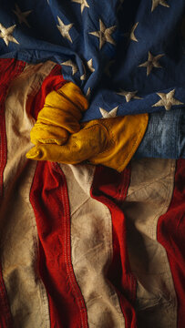 Hand in worn work glove holding the American flag. Symbolic of hardworking blue collar workers, USA manufacturing, pride in products Made in United States of America, or to celebrate US Labor Day.