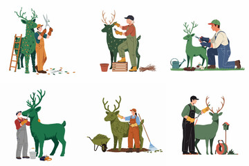 Fototapeta premium Set of Professional Gardeners Trimming and Sculpting Deer Shaped Topiary Bushes, Landscapers Maintaining Evergreen Shrub Animal Sculptures with Garden Tools Flat Vector Illustration Collection