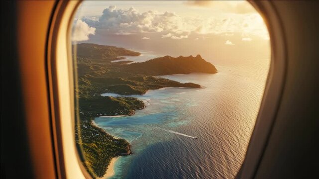 Sunset glows over tranquil ocean and lush island coastline. Window frame frames serene tropical vista from airplane cabin. Waves lap shore, boats glide through calm waters