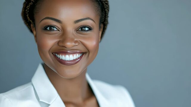 Smiling woman with bright, confident expression. She wears a crisp white blazer. Her hair is neatly styled in braids. Soft studio lighting enhances her features. Background is plain, neutral gray