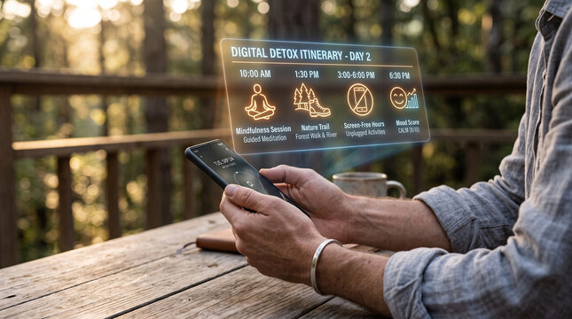 Digital detox itinerary AR display showing mindfulness schedule. Man holding smartphone on forest deck with holographic wellness app, nature trail, and screen-free hours concept.
