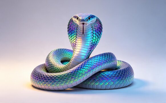 Colorful iridescent cobra snake in defensive pose on gradient background