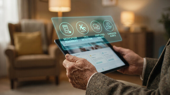 Senior care technology interface on tablet held by elderly hands, featuring holographic icons for fall detection and medication reminders in a warm domestic interior.