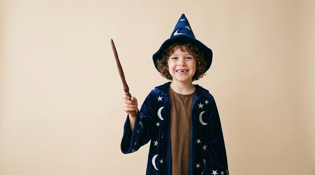 Young boy dressed as a wizard holding a magic wand with a happy expression