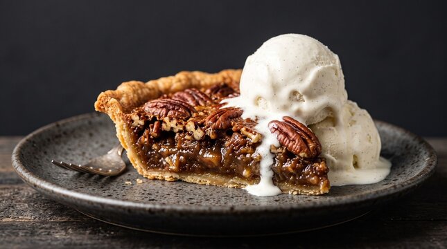 Delicious slice of pecan pie with vanilla ice cream on a dark plate