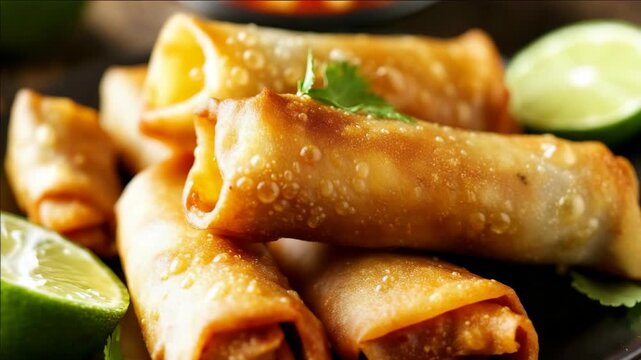 A platter of crispy, golden-brown eggrolls garnished with fresh cilantro and lime wedges.