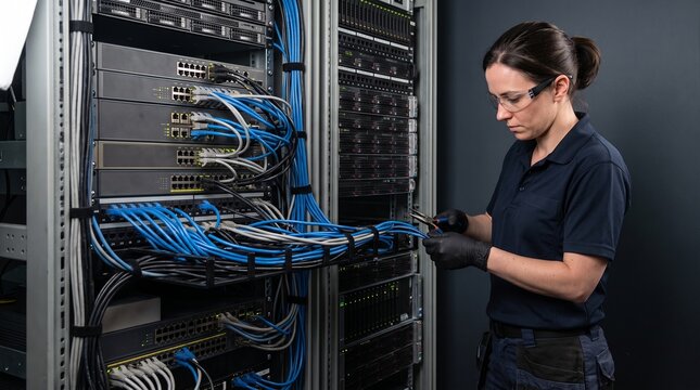 Woman technician working with network cables in a server room