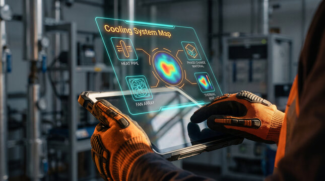 Industrial technician using augmented reality tablet for cooling system monitoring in a smart factory, showing thermal map and HVAC diagnostics HUD.