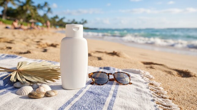 A white bottle of sunscreen sits on a striped beach towel, accompanied by sunglasses, seashells, and a dried palm leaf.