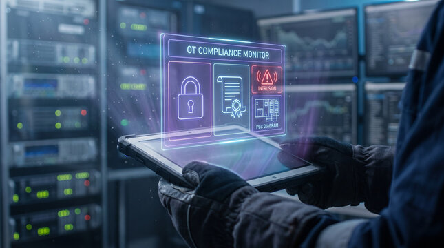 OT compliance monitor for industrial cybersecurity on tablet in server room. Technician monitoring intrusion alerts, PLC diagrams, and security protocols in a modern data center facility.