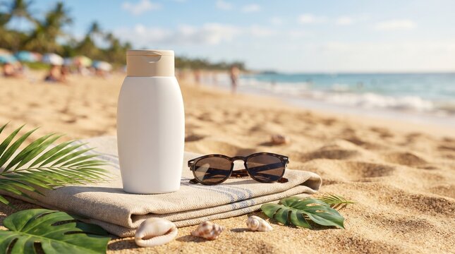 Sunscreen bottle and sunglasses sit on a towel on a sandy beach, with the ocean and palm trees in the background, perfect for a summer vacation promotion.