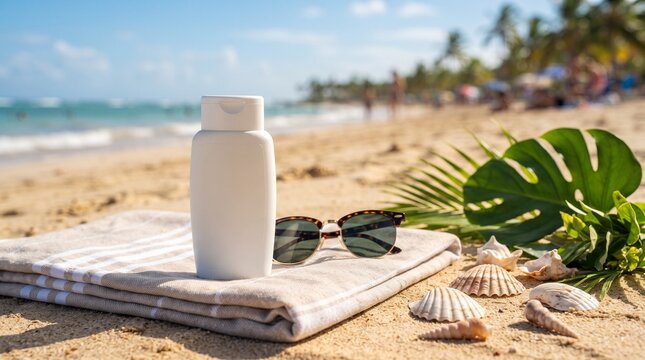 A bottle of sunscreen sits on a striped towel on a sandy beach, with sunglasses and seashells nearby, under a clear blue sky with palm trees in the background.