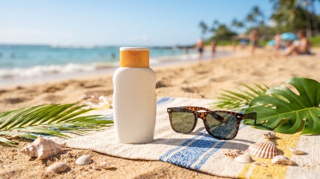 Sunscreen bottle, sunglasses, and seashells are laid out on a striped towel on a sunny tropical beach, promising a perfect day of relaxation and sun protection.