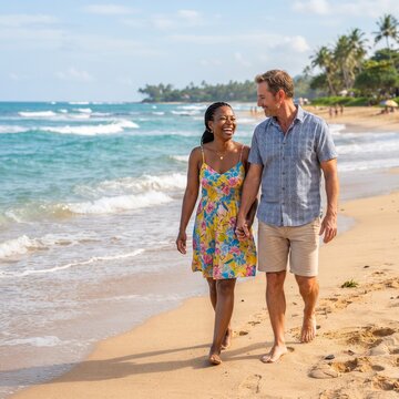 A joyful multiracial couple strolls hand-in-hand along a sun-drenched tropical beach, with gentle waves lapping at the shore and palm trees swaying in the background.