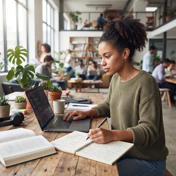 A focused young woman works diligently on her laptop in a vibrant, modern co-working space filled with plants and other professionals. She is actively engaged in her task, taking notes in a notebook.